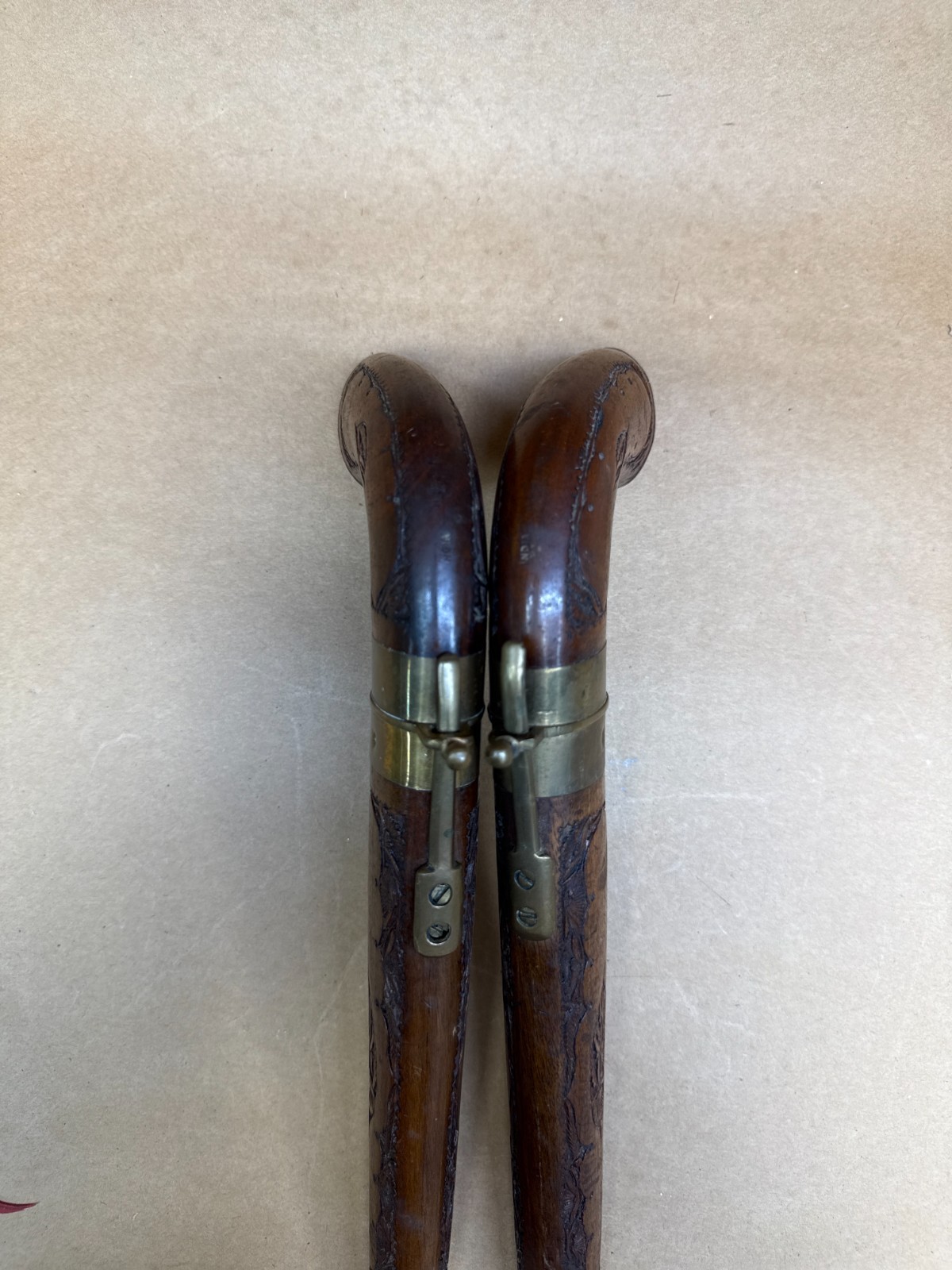 VERY RARE Knife Pair Carved Handles Matched Carved Wood Sheaths Brass Trim-INDIA