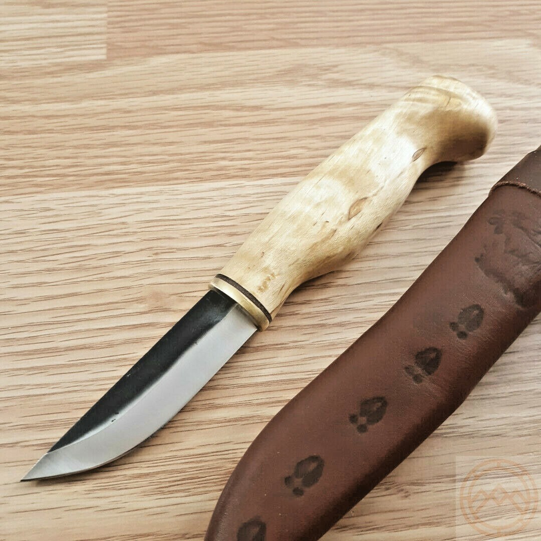 Wood Jewel Knife 3″ Carbon Steel Blade Curly Birch Handle w/Brown Leather Sheath