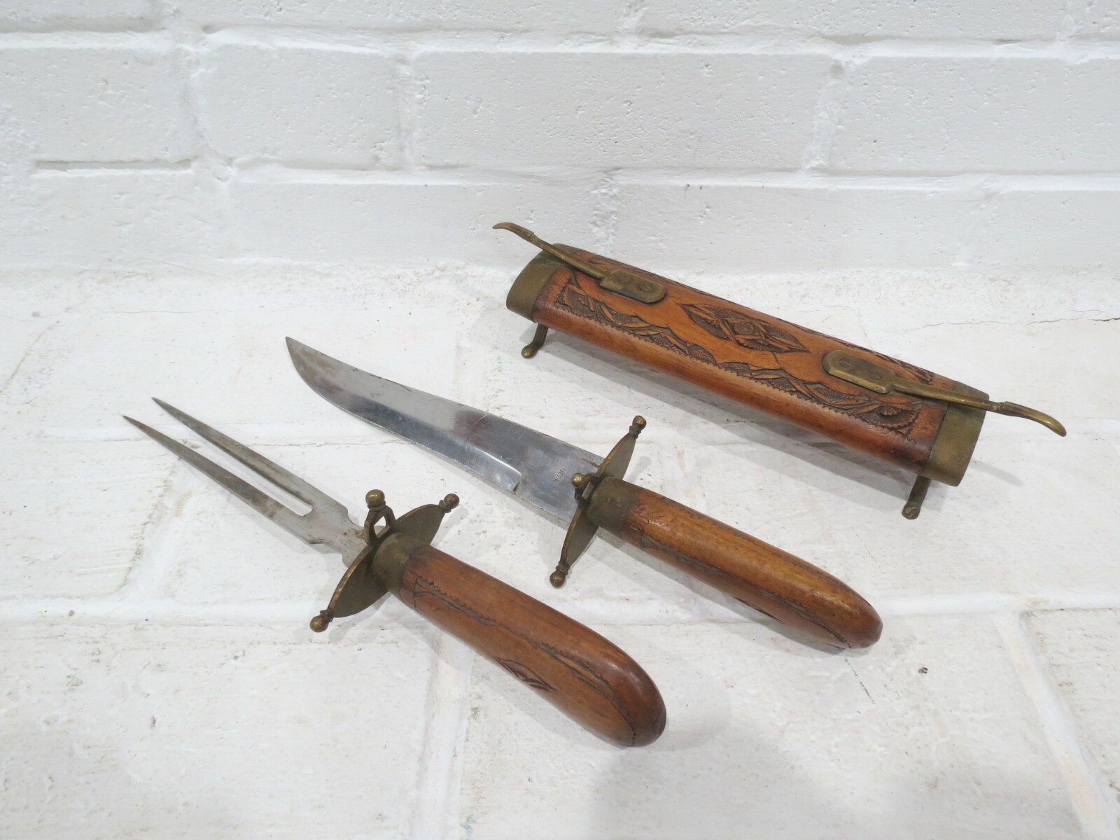 Vintage Carving Knife and Fork w/ Wooden Sheath India Brass Ornate Utensils Set