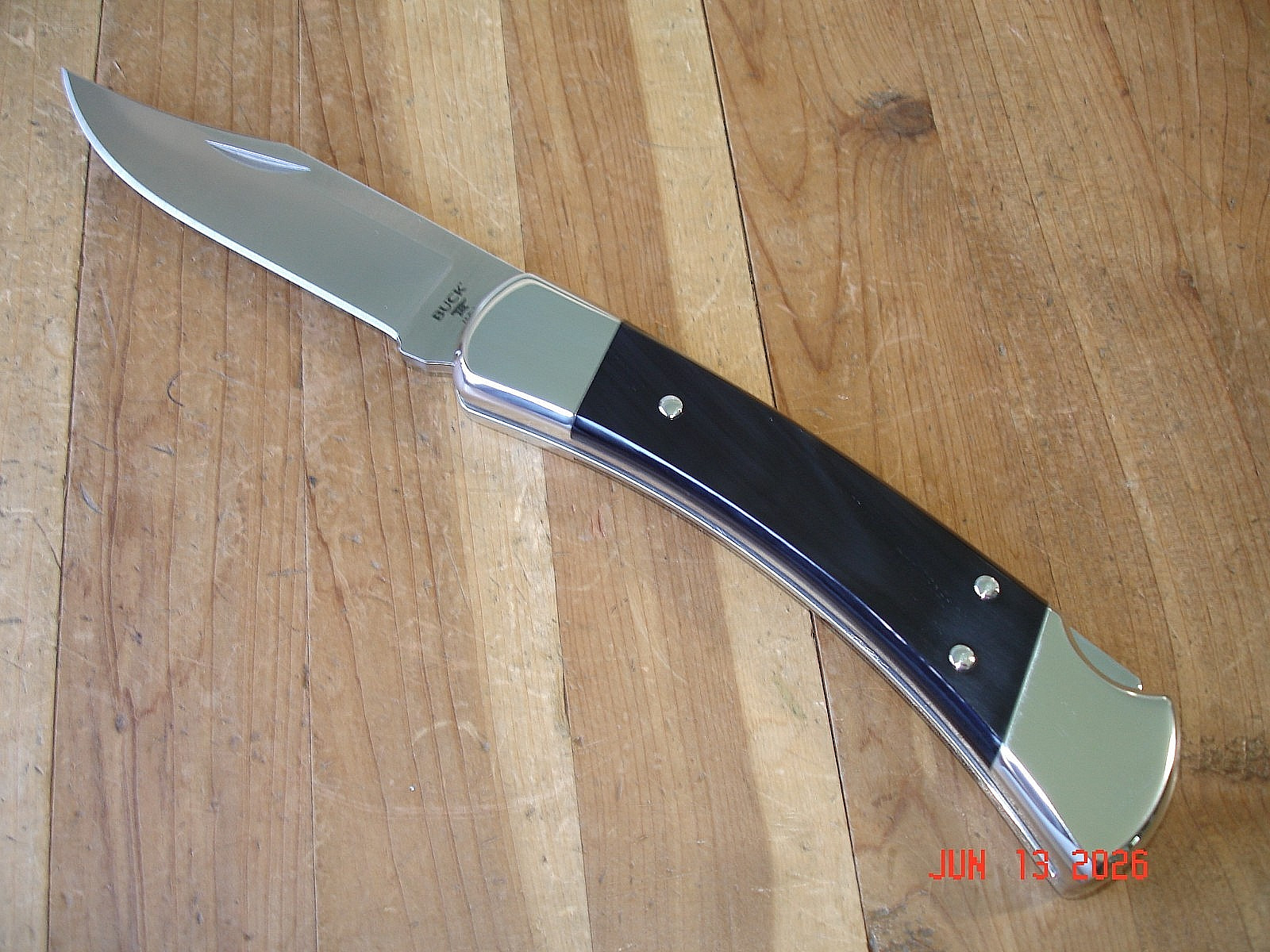 NIB BUCK KNIFE 110 HUNTER BOS MAGNACUT BLADE BLACK BUFFALO HANDLE NICKEL SILVER