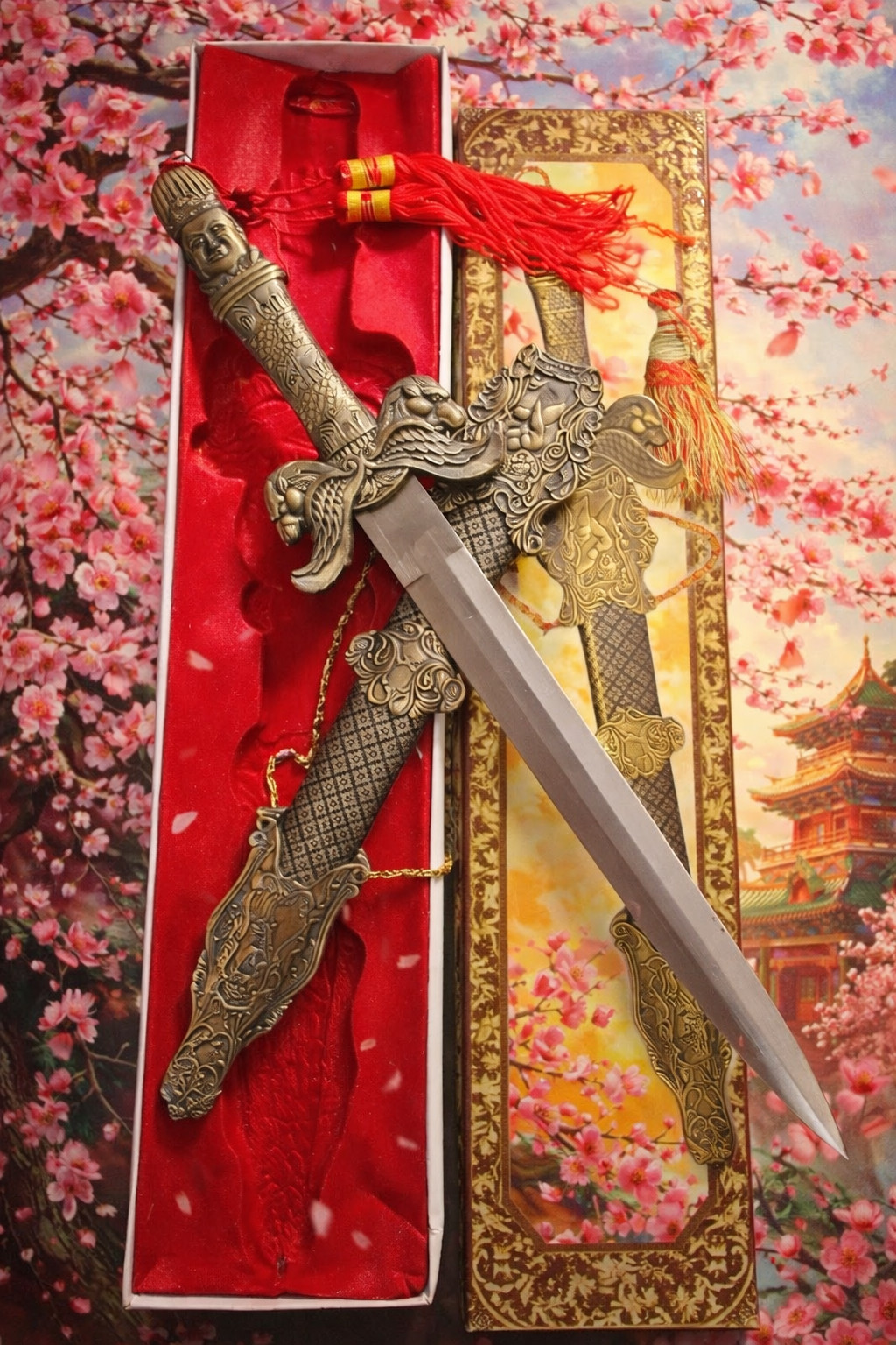 Long Buddha Dagger with Blood Groove, Sheath w/Chains and Red Tassle HK2588