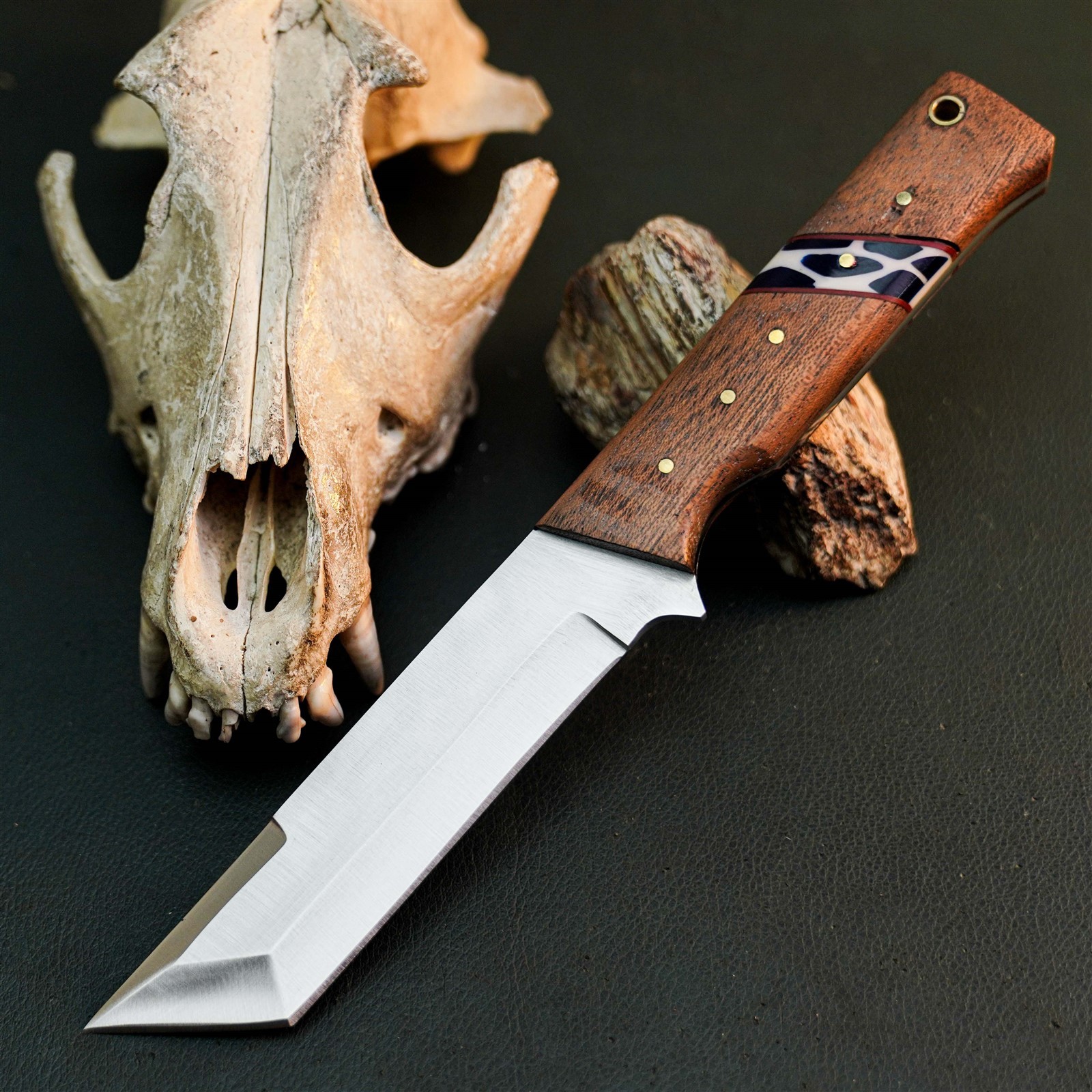 9.0″ Hunting EDC Stainless Knife Handmade Full Tang Wood Handle + Sheath