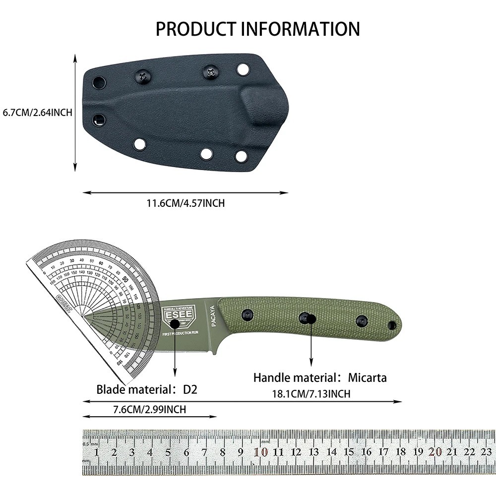 ESEE Pacaya Knife Multi-purpose Fixed D2 Blade Knife with Kydex Sheath