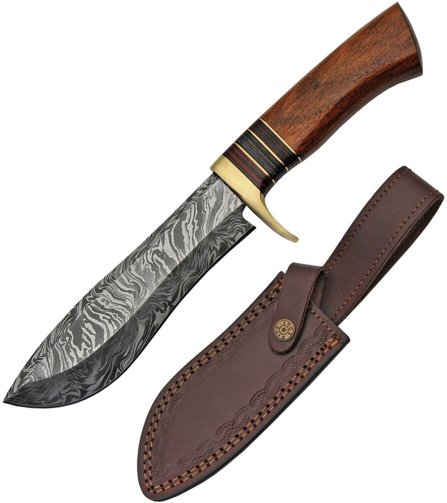 Damascus Large Hunter Fixed Knife 6″ Damascus Steel Blade Brown Wood Handle