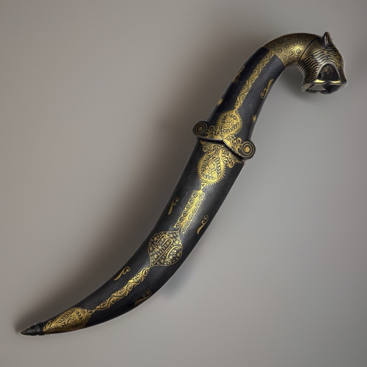 India Persian Khanjar Dagger Damascus Blade Gold Inlay Tiger Handle w Sheath