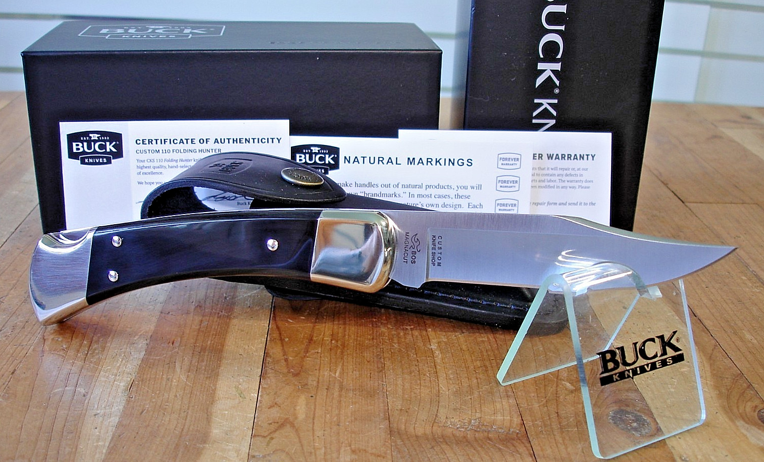 NIB BUCK KNIFE 110 HUNTER BOS MAGNACUT BLADE BLACK BUFFALO HANDLE NICKEL SILVER