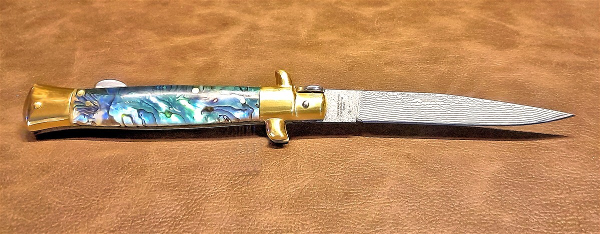 Kissing Crane Genuine Abalone Real Damascus Steel Stiletto Manual Pocket Knife