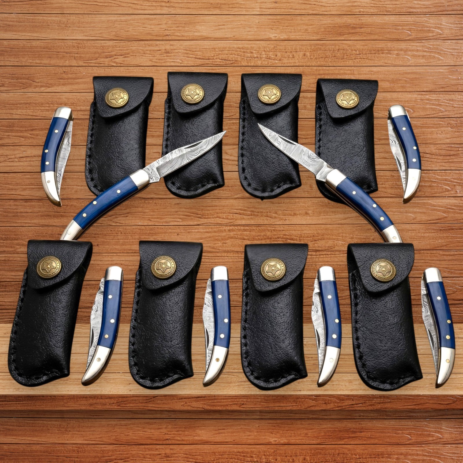 Damascus Pocket Knife Lot of 8 Blue Bone Handle Folding Knives w/Leather Sheath