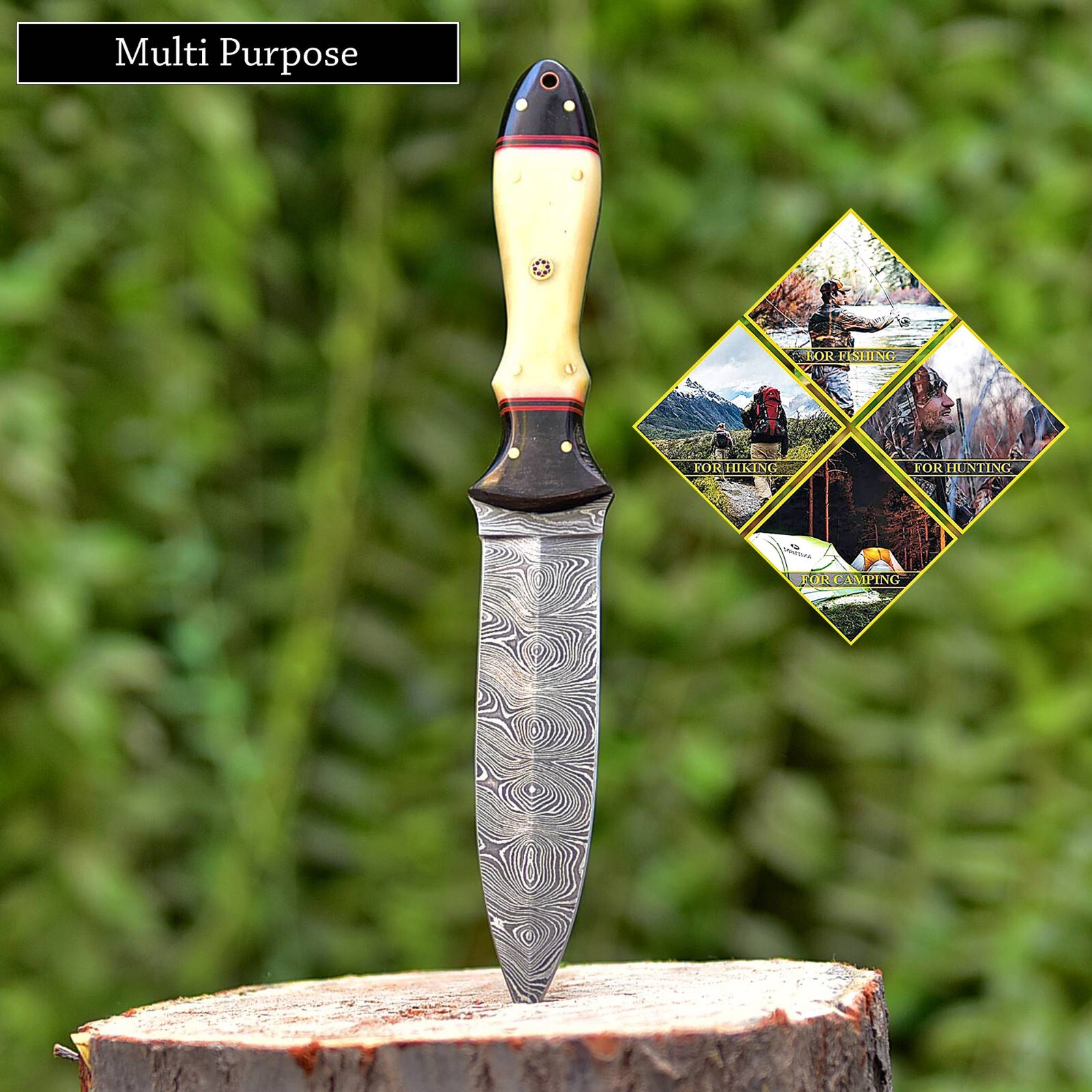 Damascus Steel Blade Double Edge Outdoor Knife for Survival, Camping, Hiking