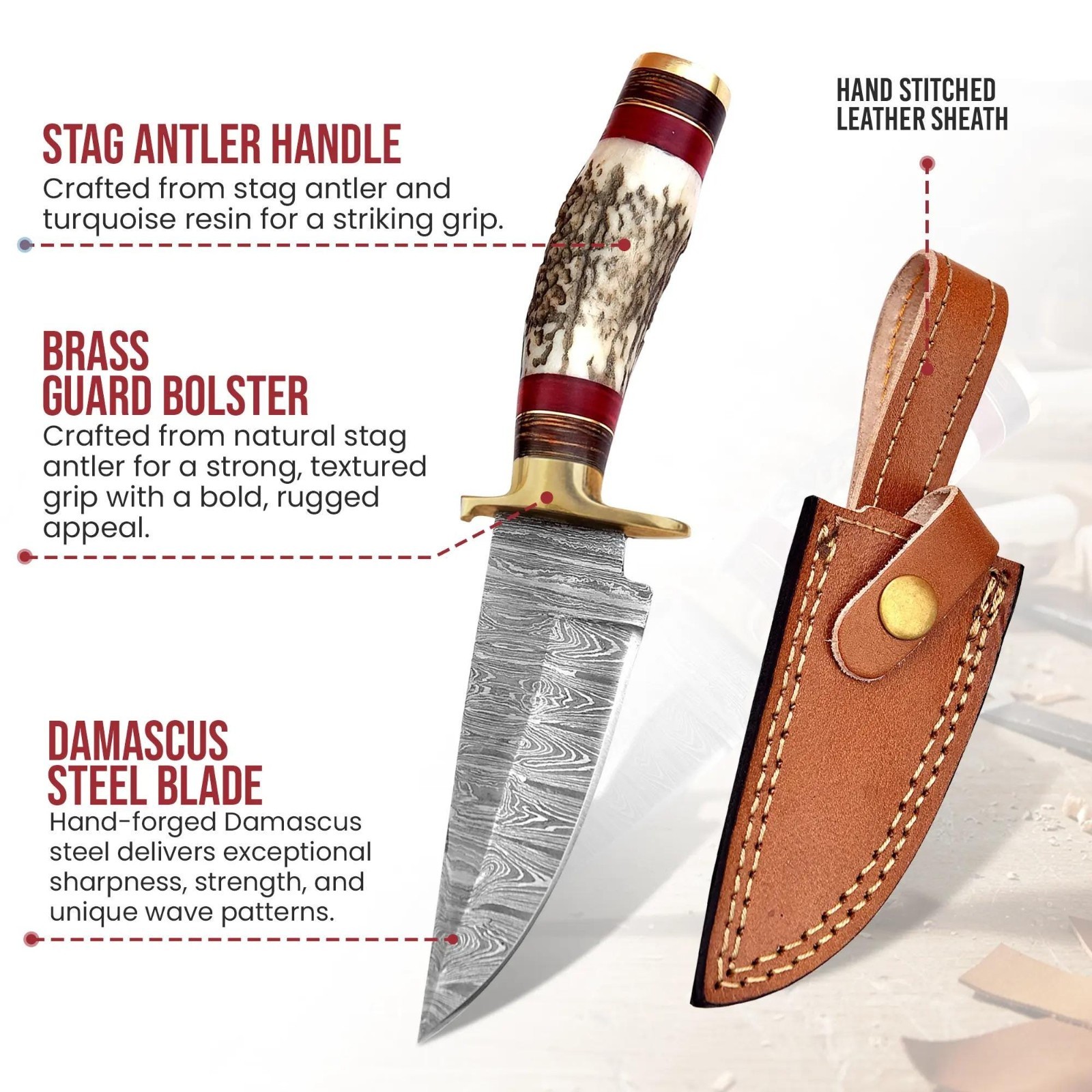 Handmade Damascus Steel Stag Horn Handle Knife with Leather Sheath