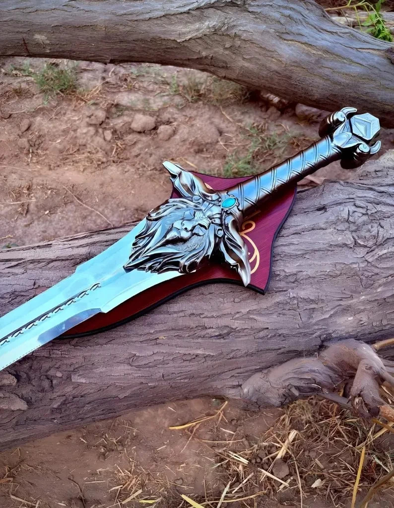 Lion Head Fantasy Sword Display Replica, Carbon Steel Blade, Wall Plaque Decor
