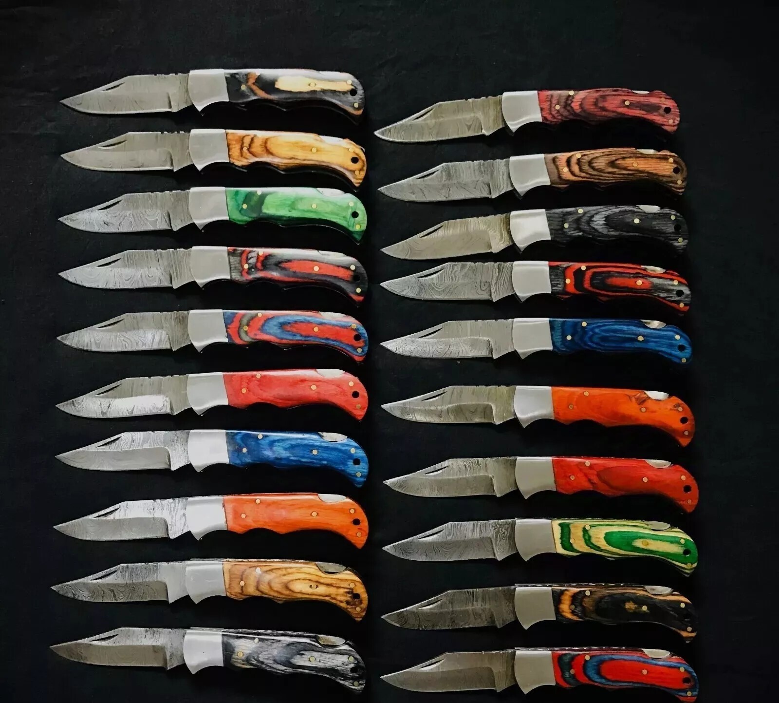 SET OF 20PCS OF CUSTOM POCKET KNIVES, COLORED WOOD HANDLE WITH LEATHER SHEATH