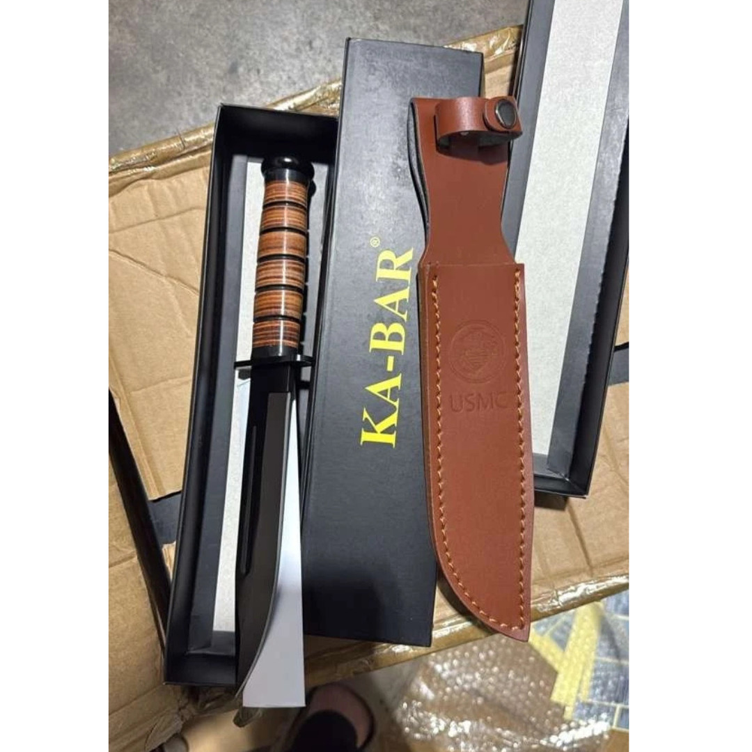 KA-BAR USMC Fighting Utility Knife Leather Handle Fixed Blade Outdoor Sheath New