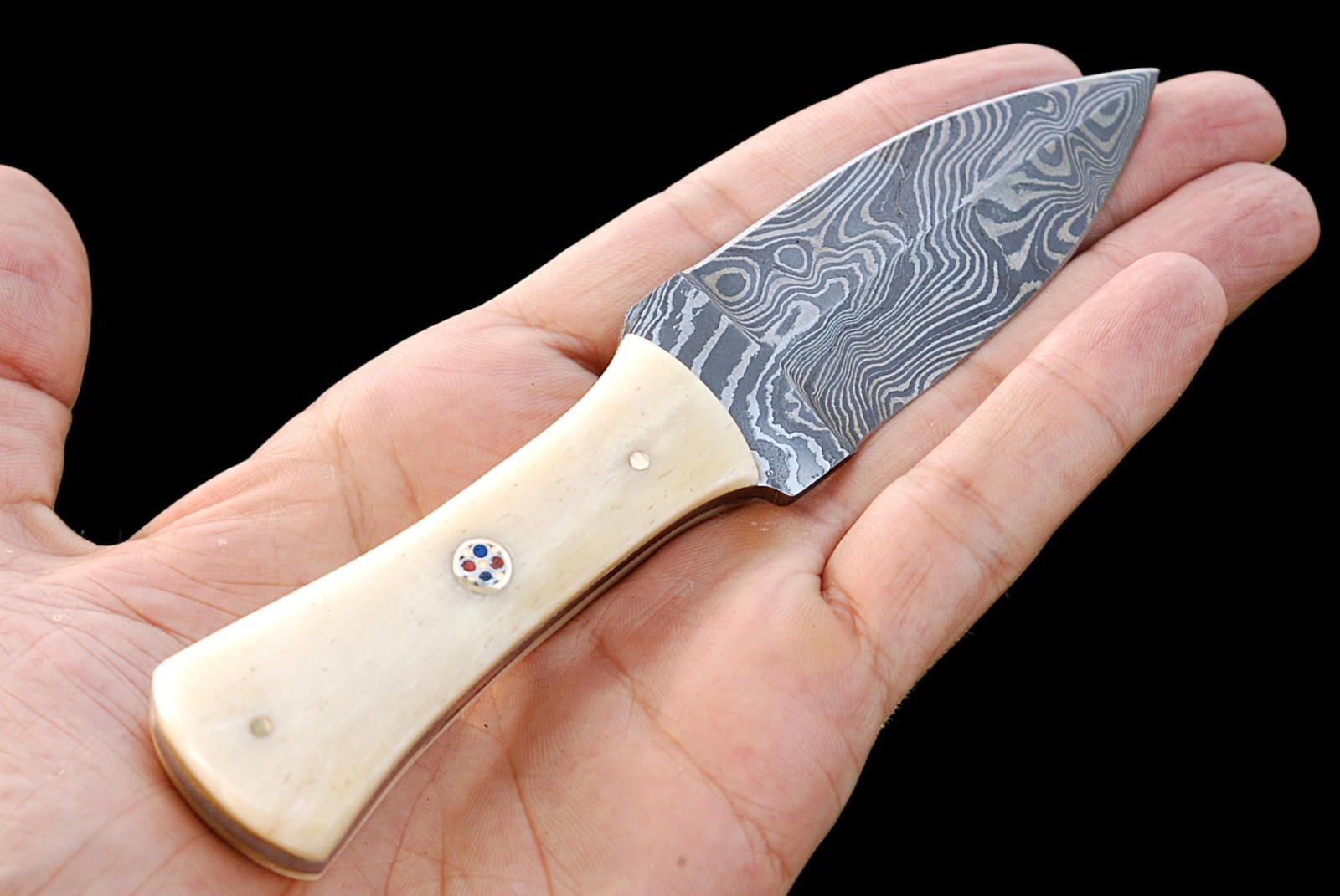 CUSTOM MADE FORGED DAMASCUS STEEL THROWING BOOT KNIFE CAMEL BONE HANDLE 868
