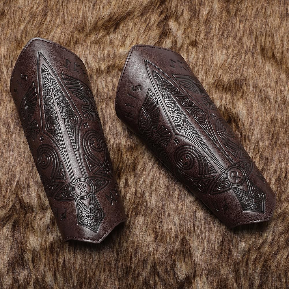 Men’s Medieval Viking Leather Bracers Embossed Sword Arm Guard Gauntlet Pair