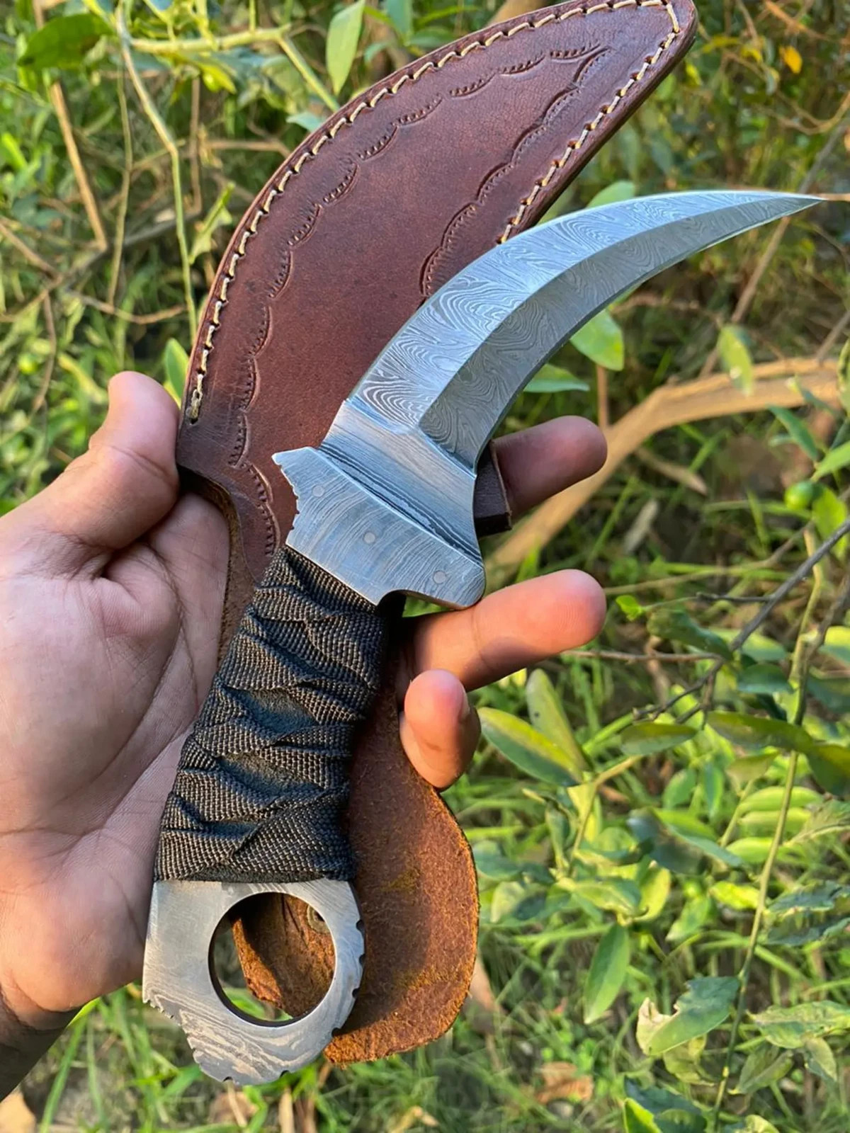 Custom Handmade Damascus Steel Karambit knife w cord wrapped handle & Sheath