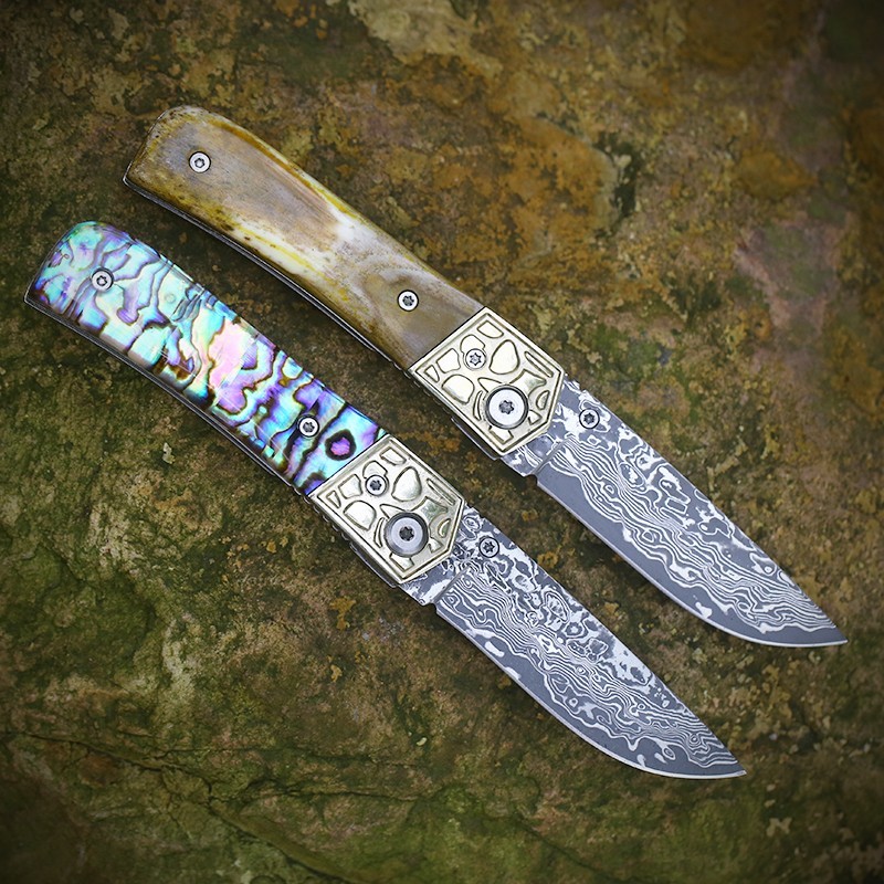Nature Yellow Bone Handle Hand Custom Made Damascus Steel Blade Pocket Knife