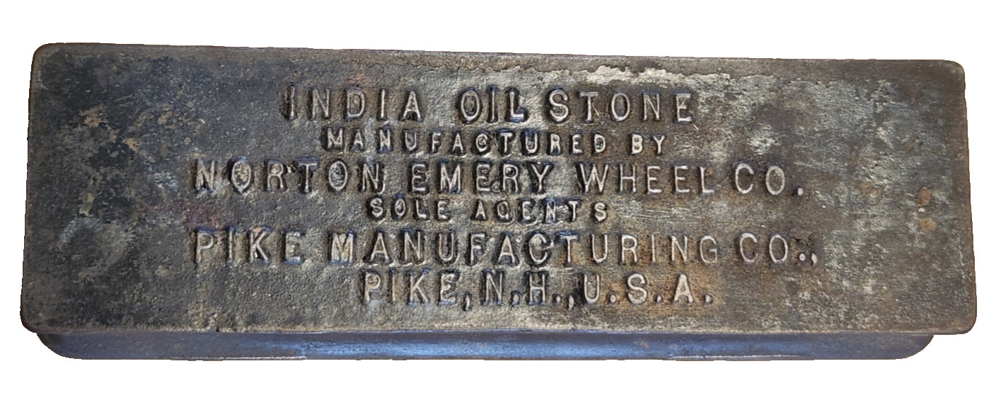 Vtg. India Oil Stone Cast Iron Box w/ Stone, Norton Co. Pike Mfg. Pike, N.H. USA