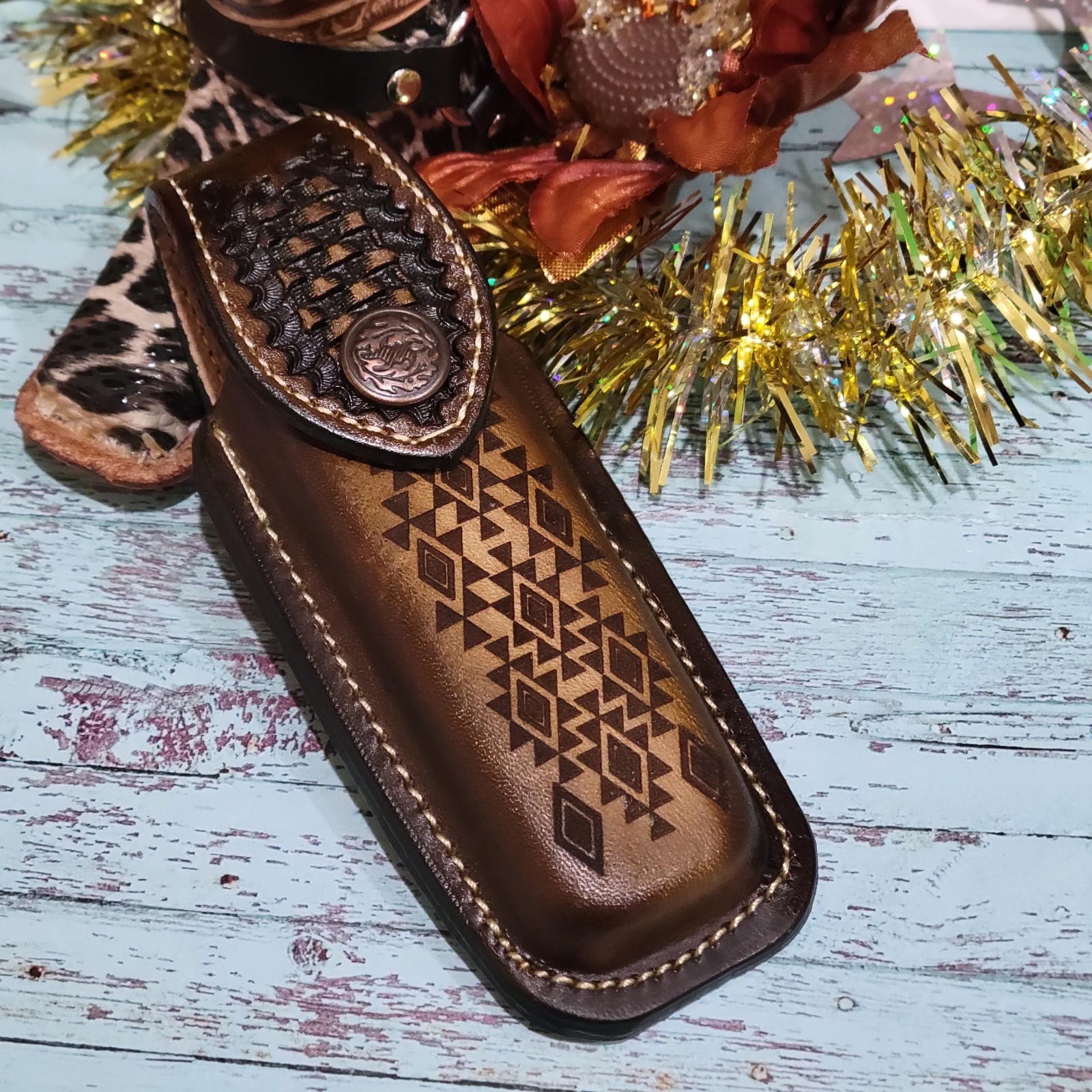 Native American GENUINE LEATHER POCKET KNIFE SHEATH 5.5 » HANDMADE BELT LOOP