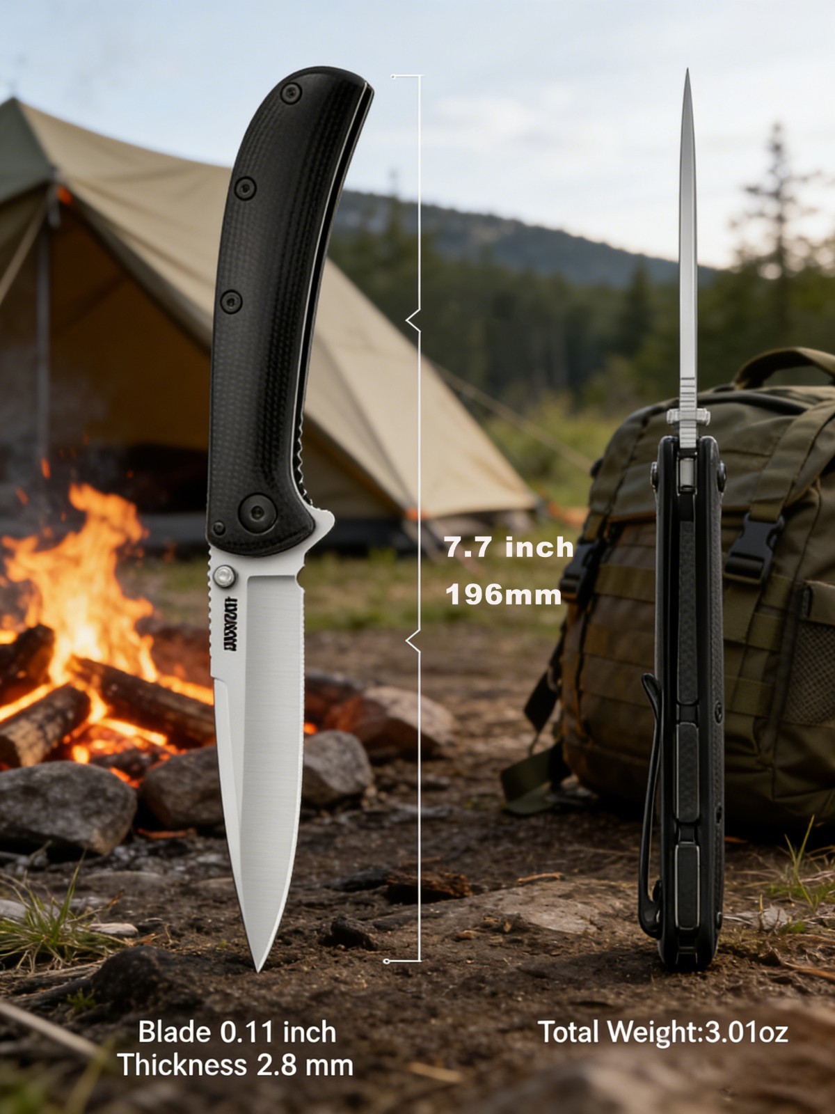 4.3″ 8Cr13MoV Blade, G10 Handle, Tactical Design with Pocket Clip