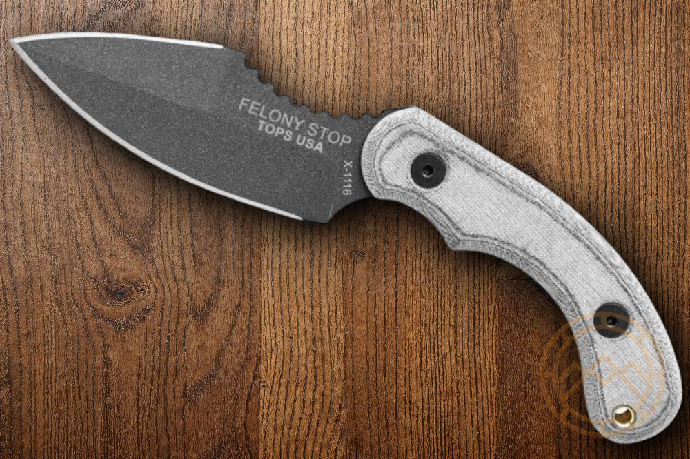 TOPS Felony Stop Fixed Knife 3.5″ 1095 Steel Blade Gray Micarta Onlay Handle