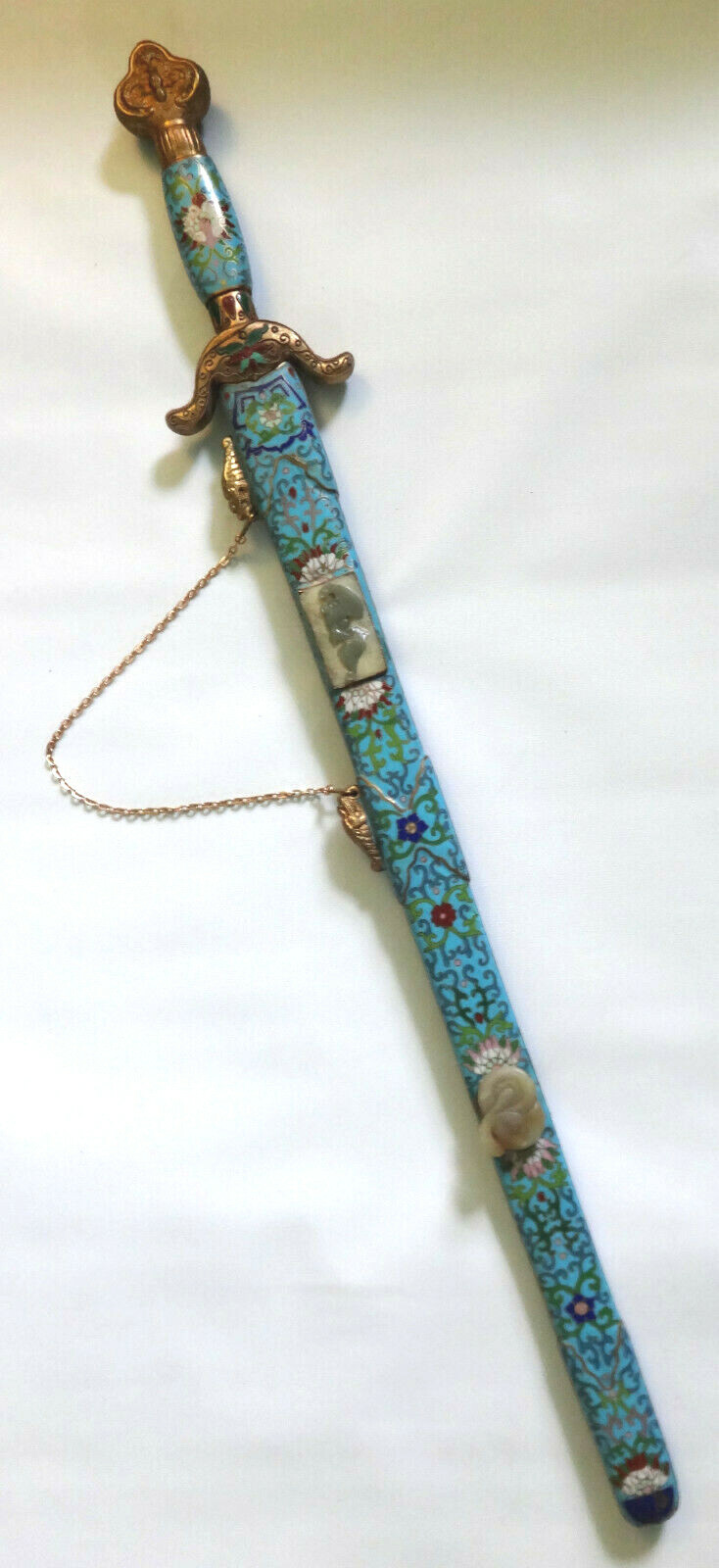 Antique Chinese Sword Jian Jade Tai Chi Cloisonne Enamel Sheath Scabbard