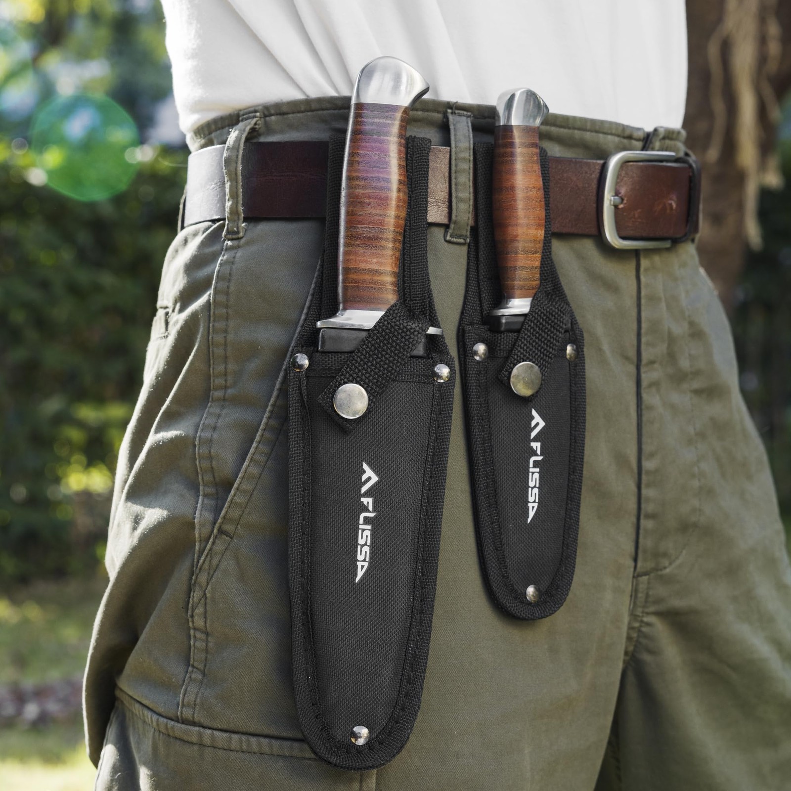 FLISSA 2-Pieces Bowie Knife Fixed Blade Hunting Knife with Sheath Leather Handle