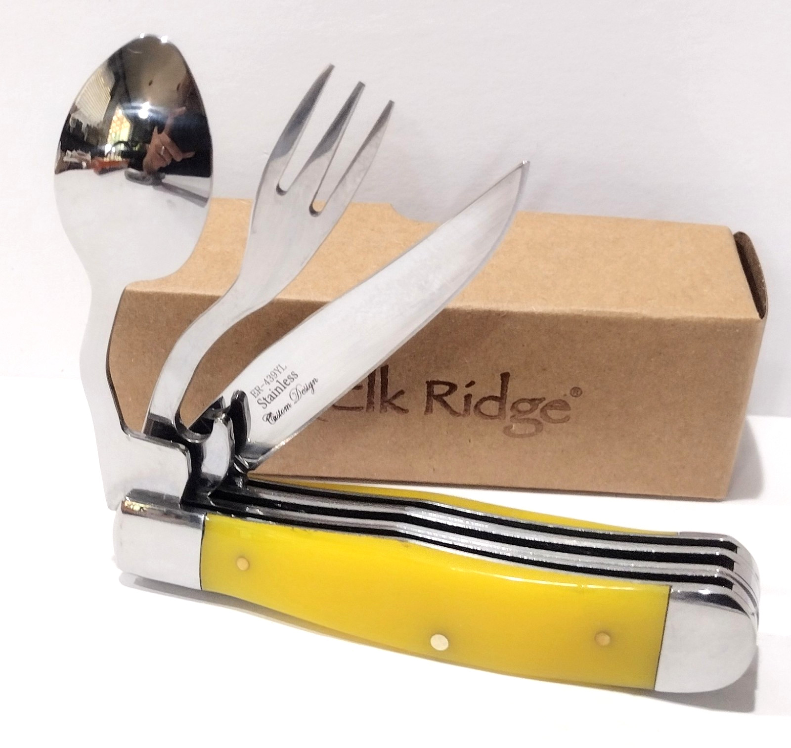 Elk Ridge Yellow HOBO Folding Knife Fork Spoon Utensil Boy Scouts Camping Tool