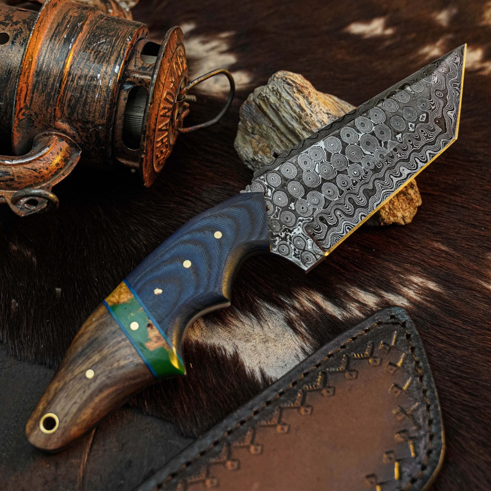 9.2″ Tanto EDC Knife Damascus Fixed Blade Wood Handle Full Tang + Sheath