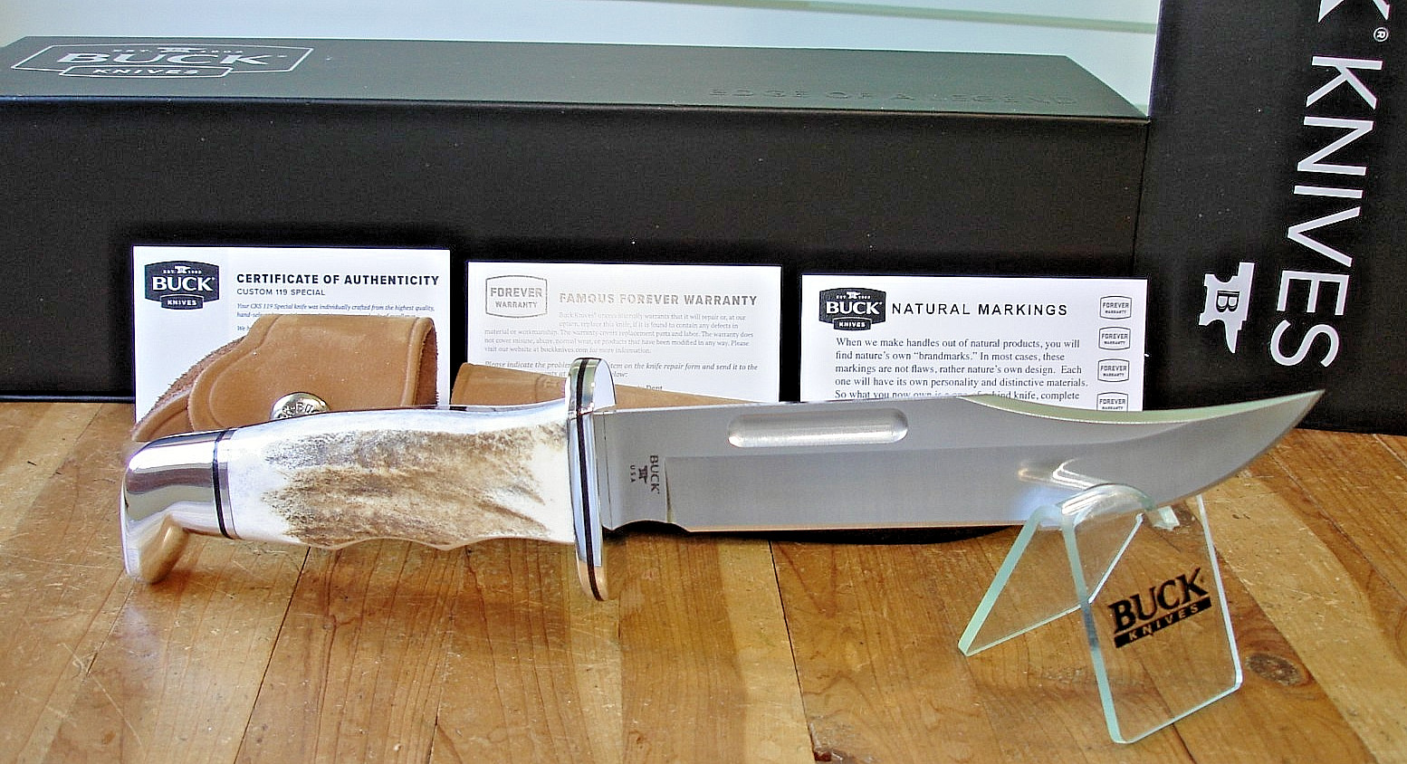 NIB BUCK KNIFE 119 CKS SPECIAL BOS MAGNACUT BLADE ELK ANTLER HANDLE BROWN SHEATH