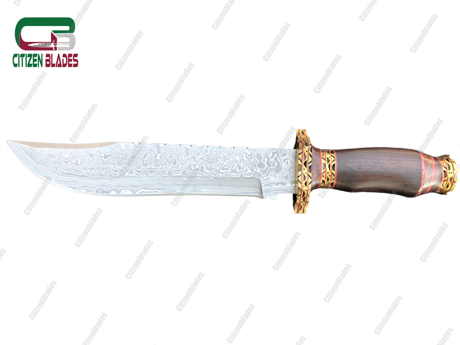 Custom Handmade Damascus steel hunting knife. wooden handle and brass spacer. US