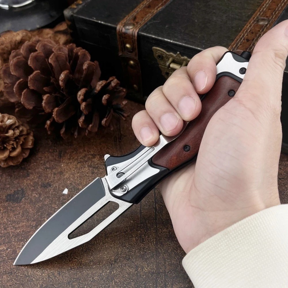 8.2”Wood Black Tactical Spring Assisted Open Blade Folding Pocket Knife Hunting