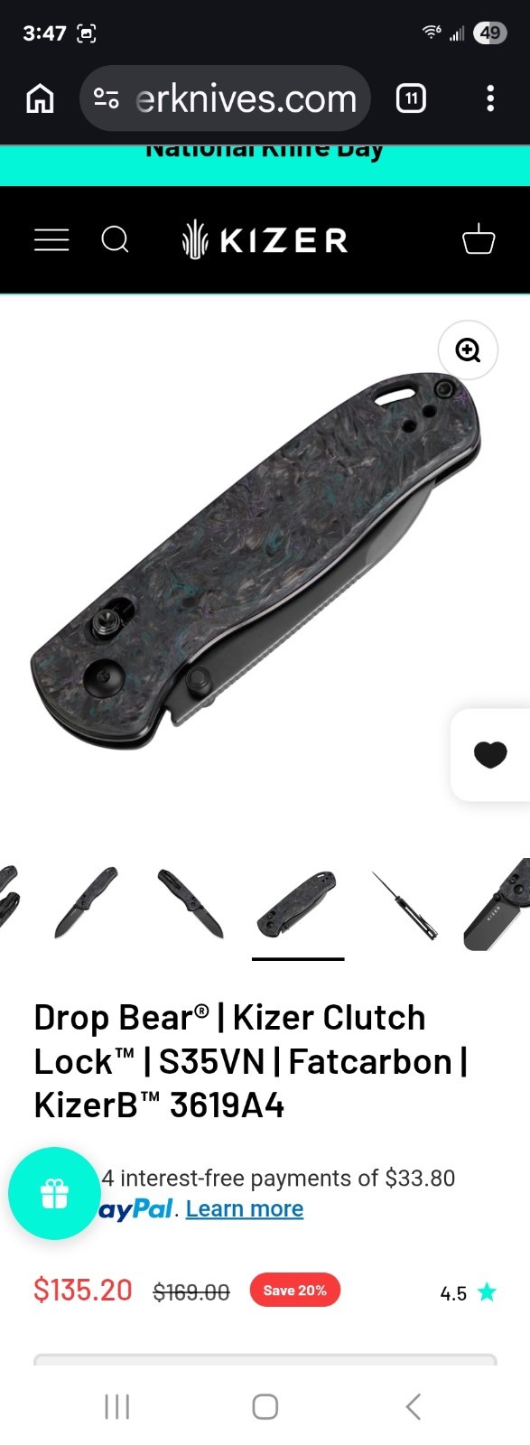 Kizer Drop Bear Pocketknife S35VN Drop Point Plain Clutch Lock Fatcarbon