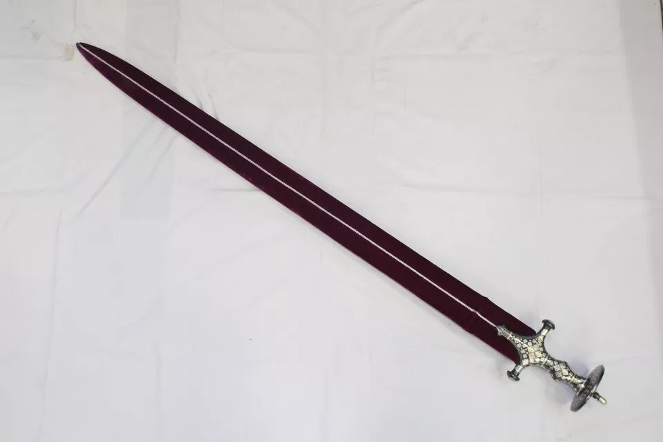 Straight sword religious sikh damascus steel blade silver wire work handle W706