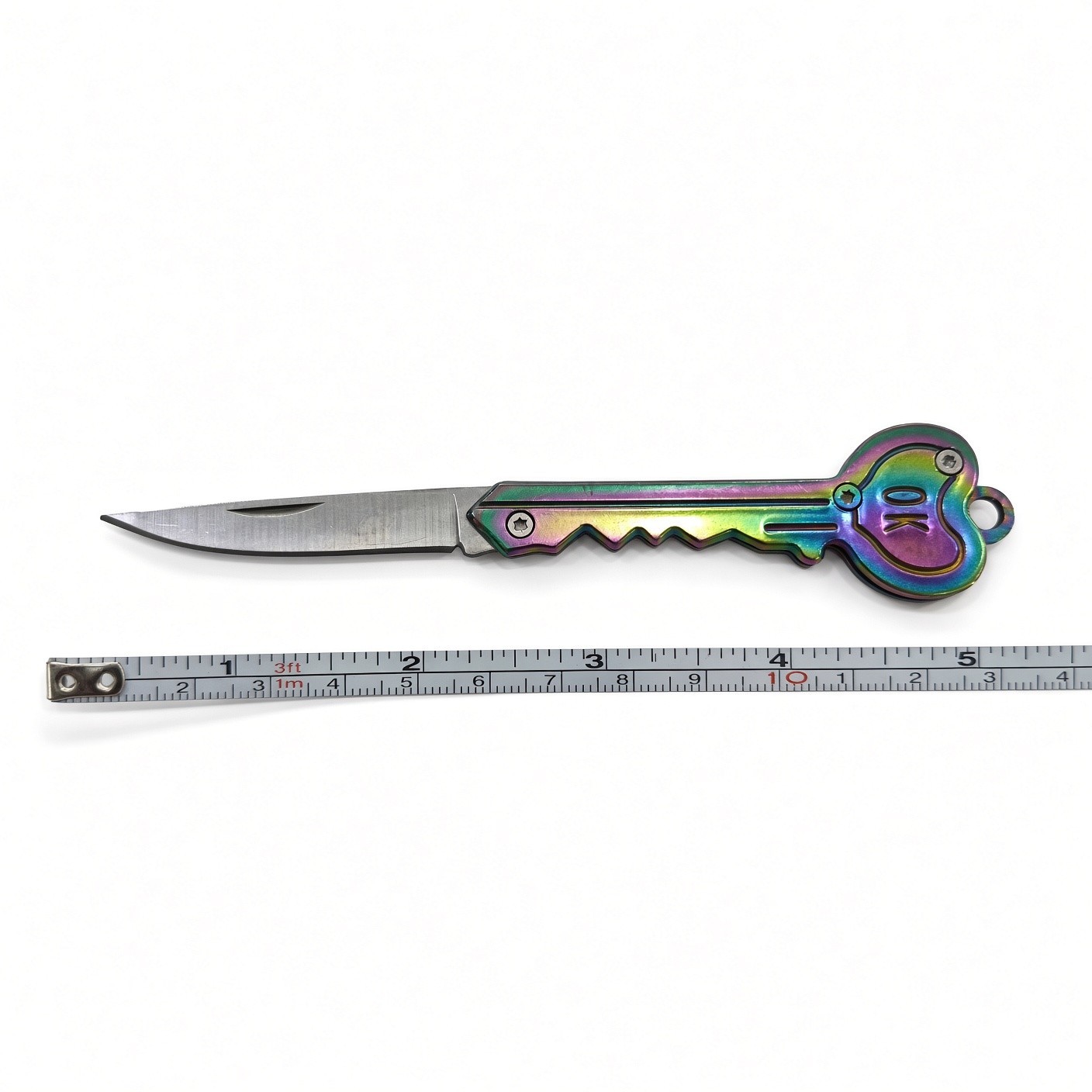 Rainbow Key Folding Knife – Novelty Pocket Knife with OK Design, ~5.5″ Open