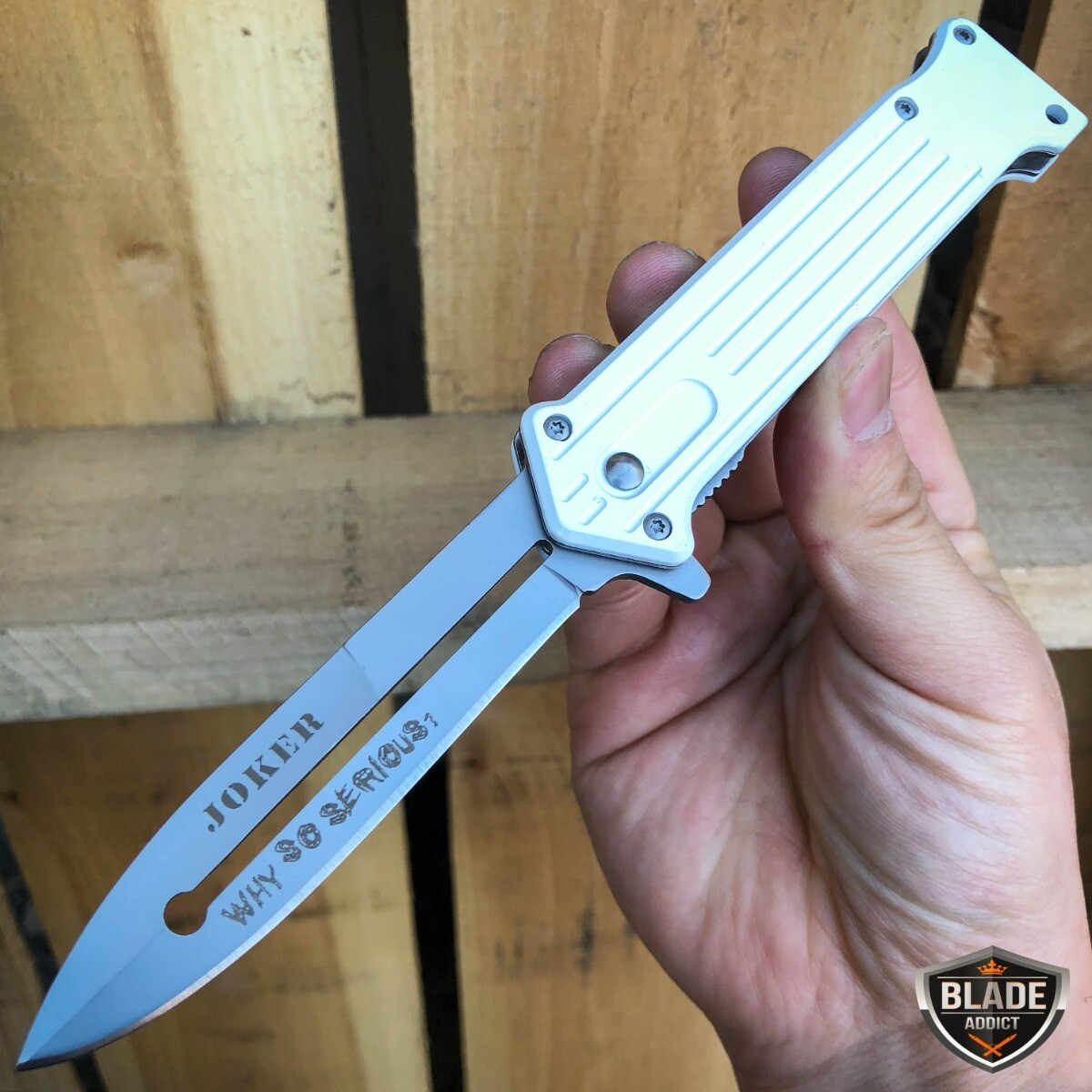 8″ JOKER Spring Assisted STILETTO Folding Pocket Knife Blade Batman Dark Knight