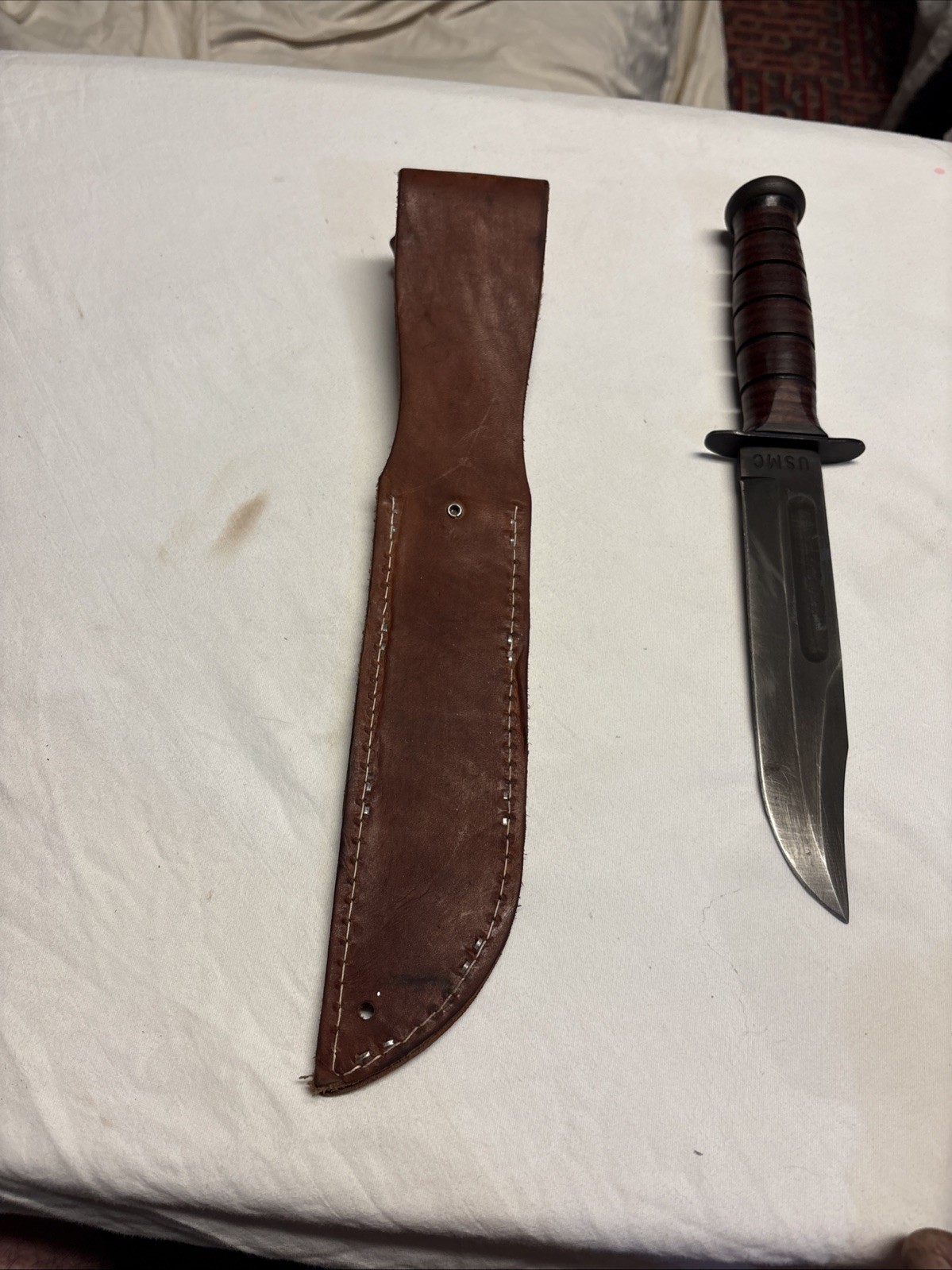 KA-BAR U.S.M.C. Military Fixed Blade Fighting Knife Leather Sheath Olean NY 1217