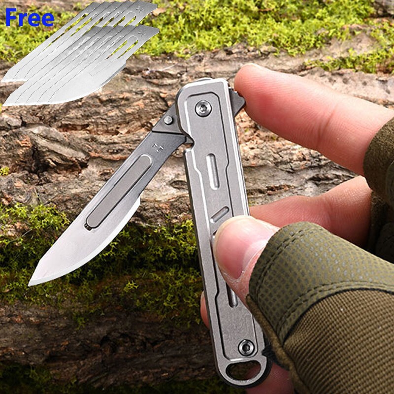 Stainless Steel Folding Utility Knife Scalpel Blade Outdoor EDC Keychain Tool