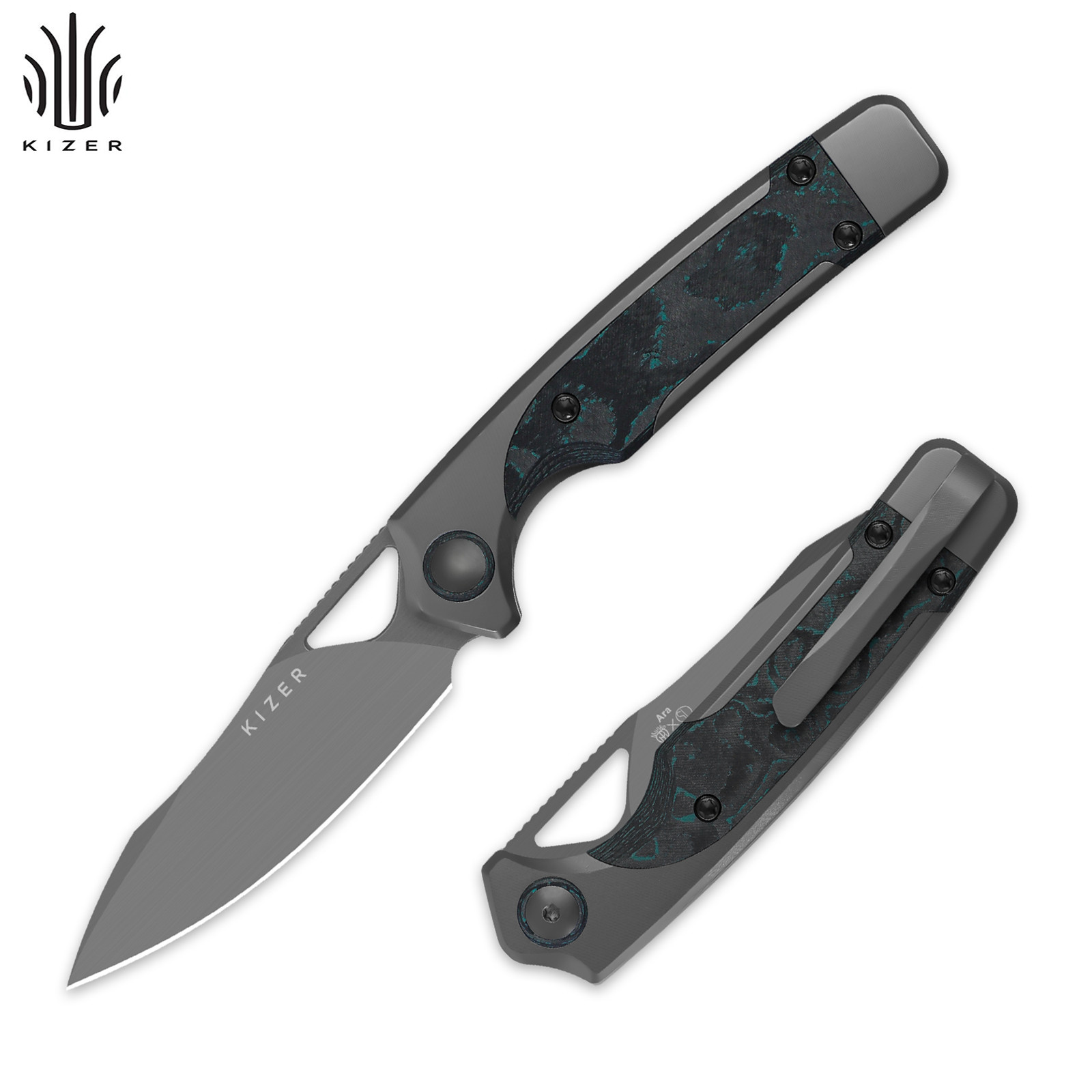 Kizer Ara Folding EDC Pocket Knife S45VN Blade Titanium & Camo Carbon Handle