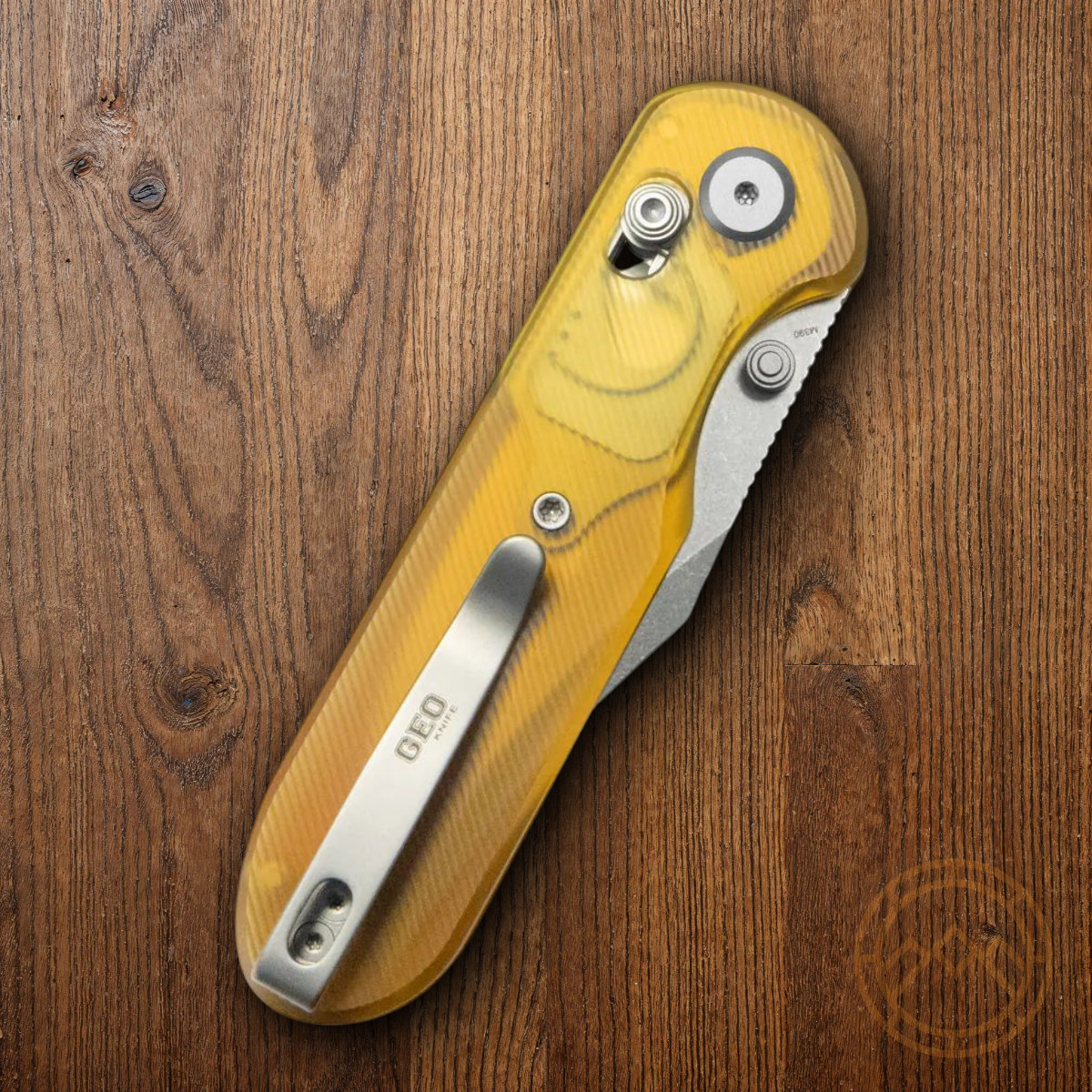 GEO Knife Ethereal Folding Knife 3″ Bohler M390 Steel Blade Amber Ultem Handle