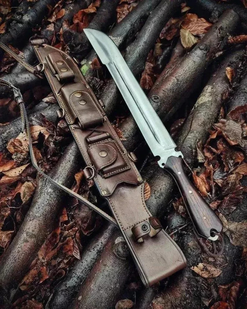 Handmase Full Tand Sword 25 Inches Wood Handle Camping Sword With Leather Sheath