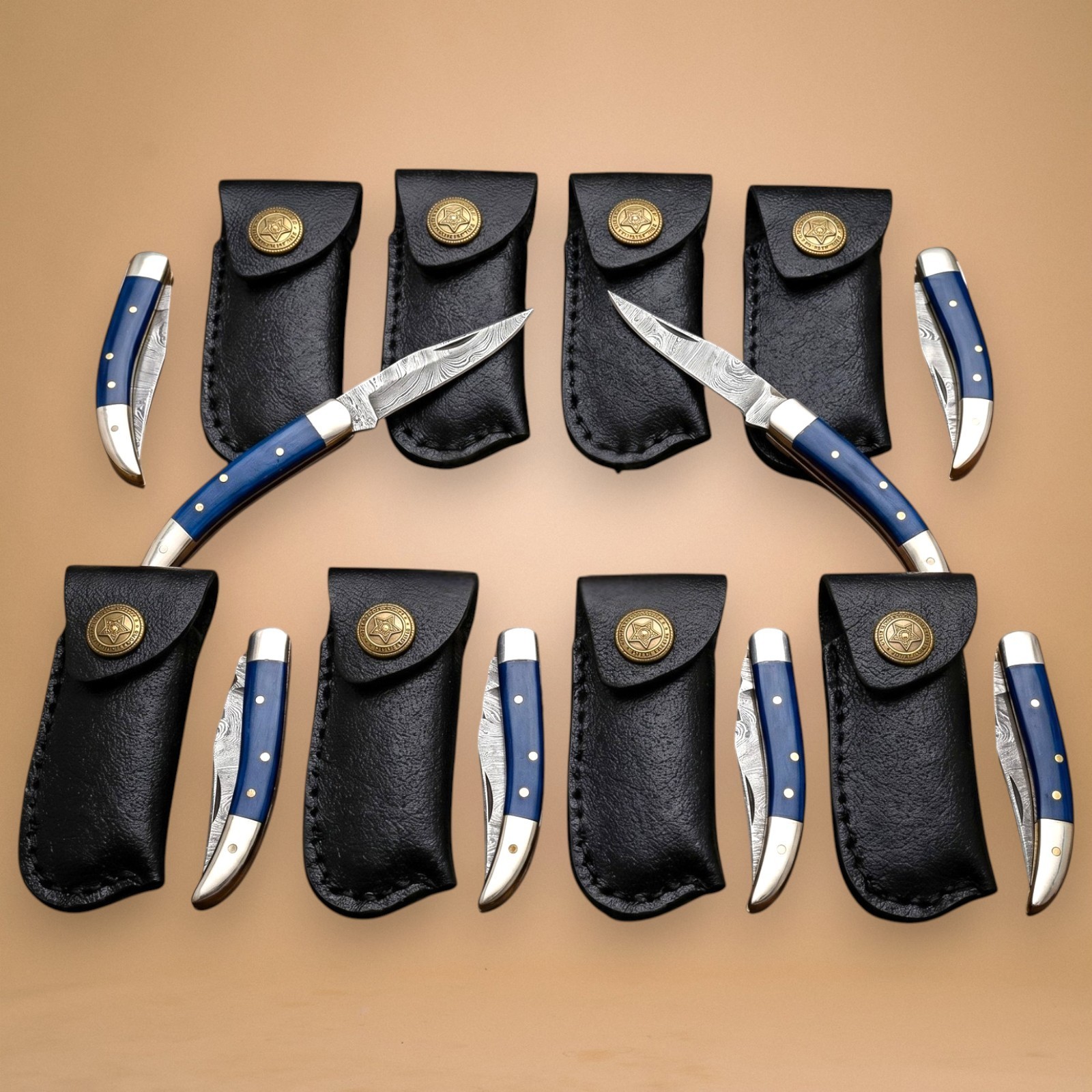 Damascus Pocket Knife Lot of 8 Blue Bone Handle Folding Knives w/Leather Sheath