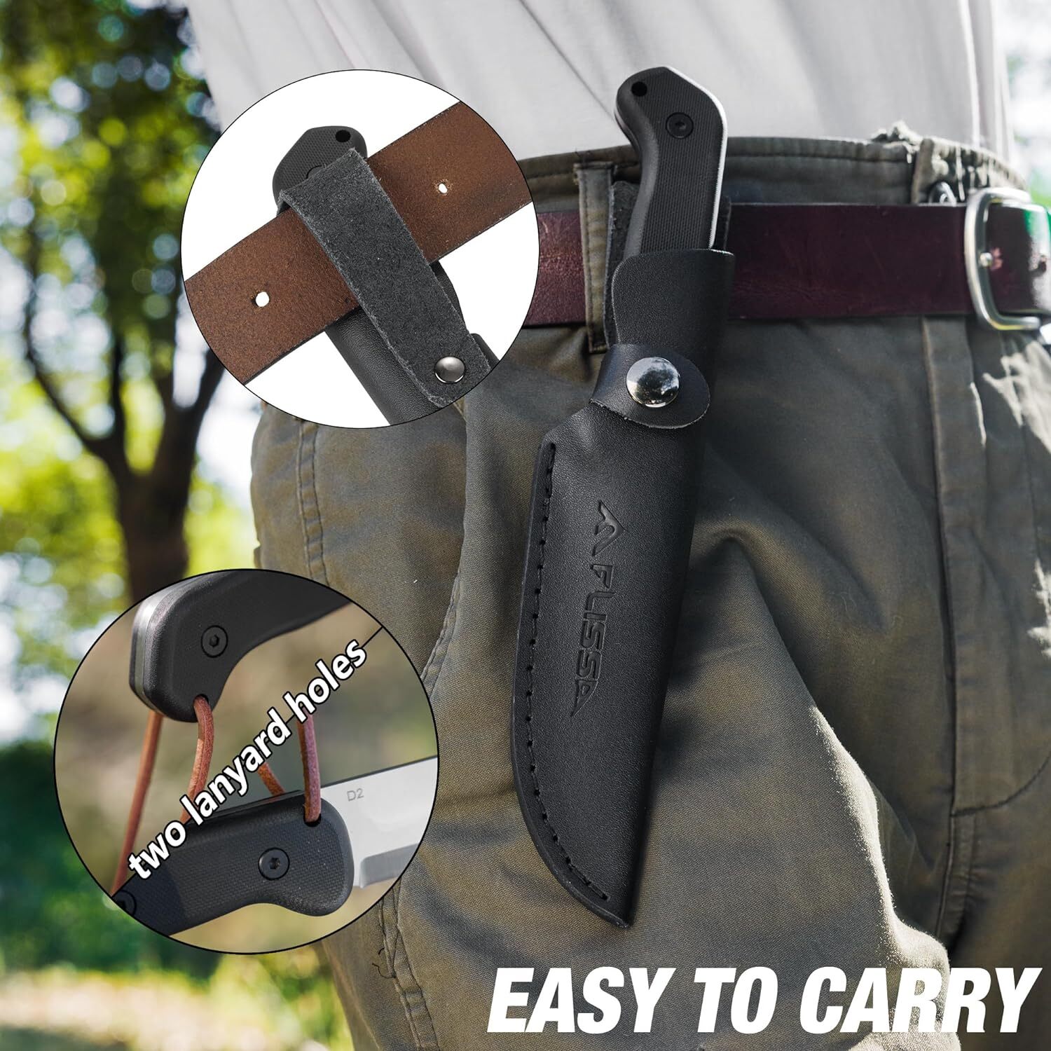 FLISSA 9″ Fixed Blade Knife, D2 Steel Leather Sheath Included Drop Point NEW