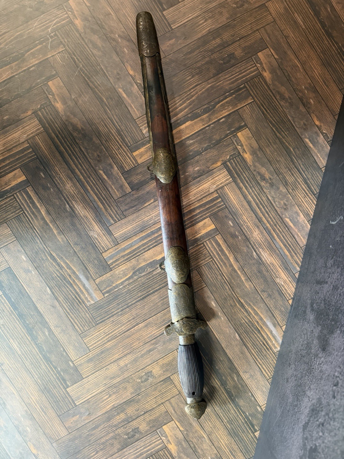 Antique Chinese Qing Era Jian Short Sword Fushou Brass Mounts 23.5in