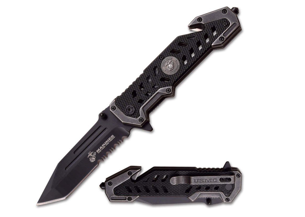 9″ USMC Spring Assisted Knife-Cutter, Glass Breaker, Pocket Clip-Aluminum Handle