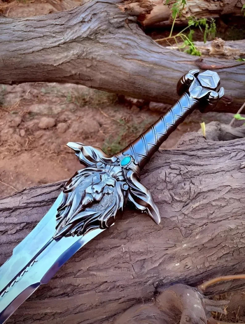 Lion Head Fantasy Sword Display Replica, Carbon Steel Blade, Wall Plaque Decor