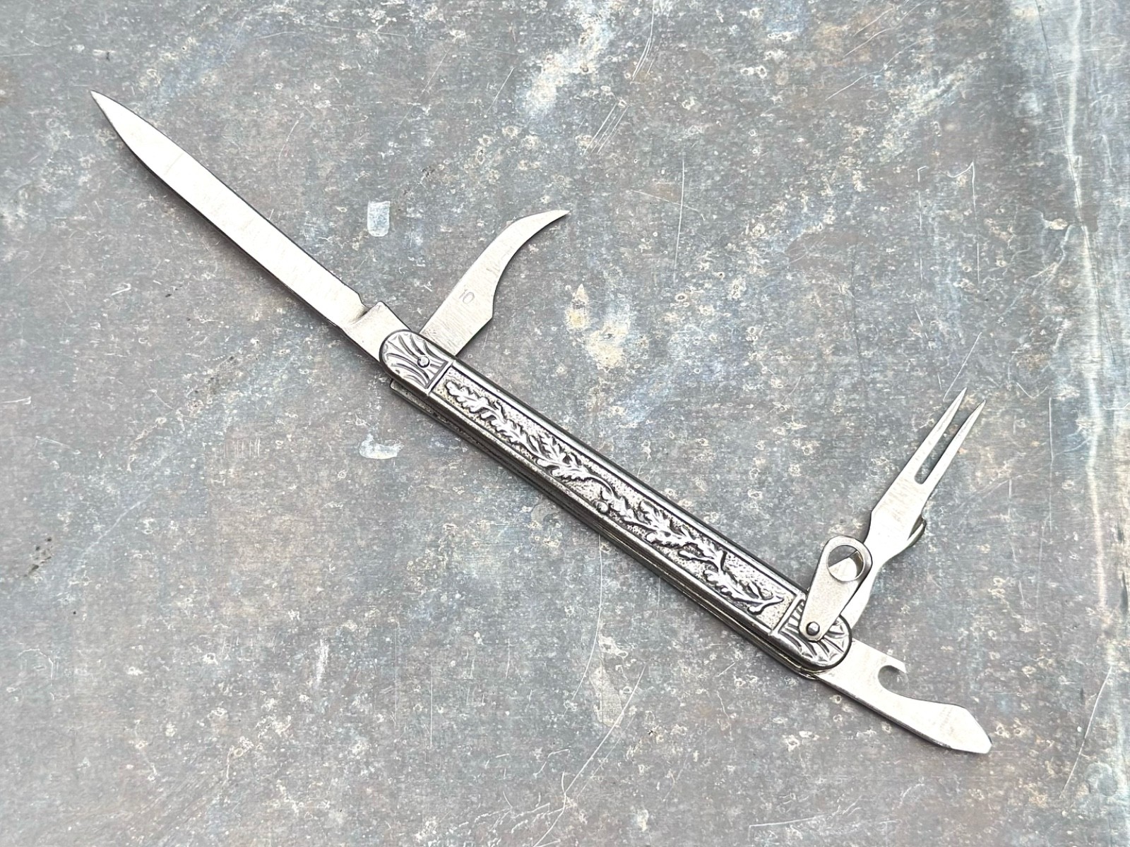 Vintage Gentleman’s Pocket Knife Decorative Metal Handle Cigar Fork German(?)