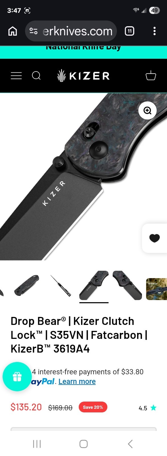 Kizer Drop Bear Pocketknife S35VN Drop Point Plain Clutch Lock Fatcarbon