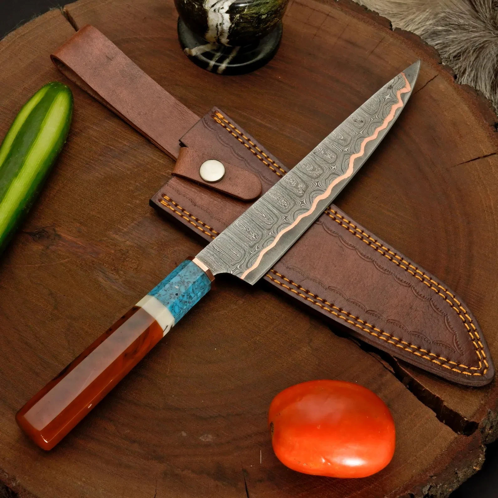 Custom Handmade Damascus Steel Copper San mai Chef knife & Leather Sheath