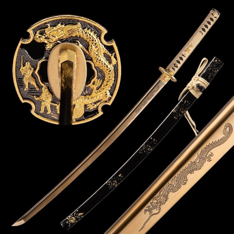 Handmade Golden Dragon Katana Full Tang High Carbon Steel Best For Xmas Gift